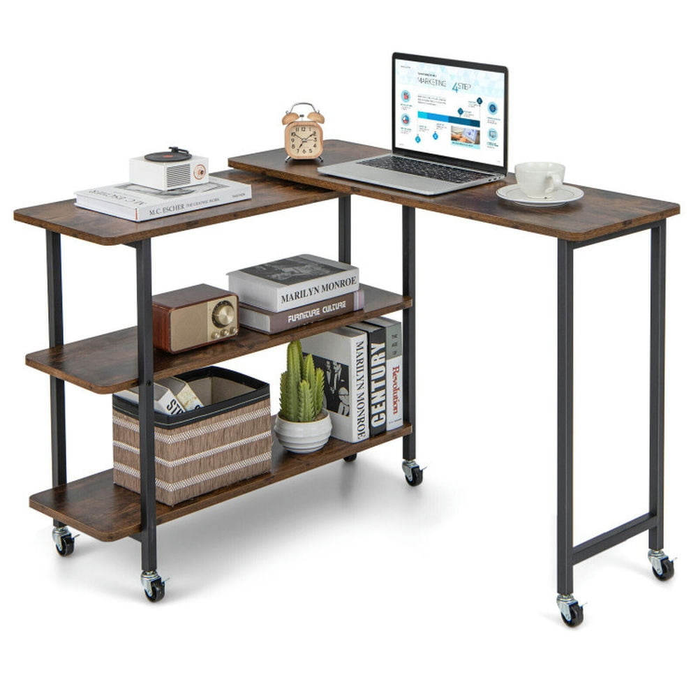 Finihen 360° Rotating Computer Desk with 2-Tier Storage Shelves, Small Home Office Desk Study Writing Table, Rustic Brown Finihen 360° Rotating Computer Desk with 2-Tier Storage Shelves, Small Home Office Desk Study Writing Table, Rustic Brown