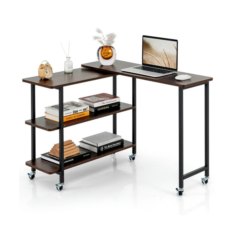 Finihen 360° Rotating Computer Desk with 2-Tier Storage Shelves, Small Home Office Desk Study Writing Table, Walnut Finihen 360° Rotating Computer Desk with 2-Tier Storage Shelves, Small Home Office Desk Study Writing Table, Walnut