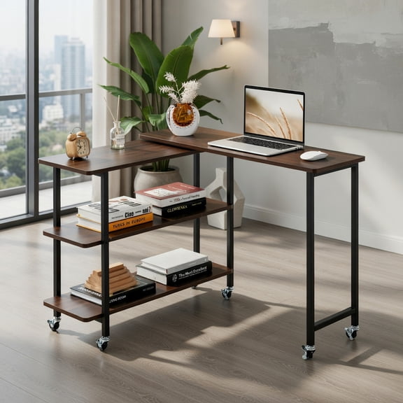 Demi Bonn 360° Rotating Computer Desk with 2-Tier Storage Shelves, Small Home Office Desk Study Writing Table, Walnut