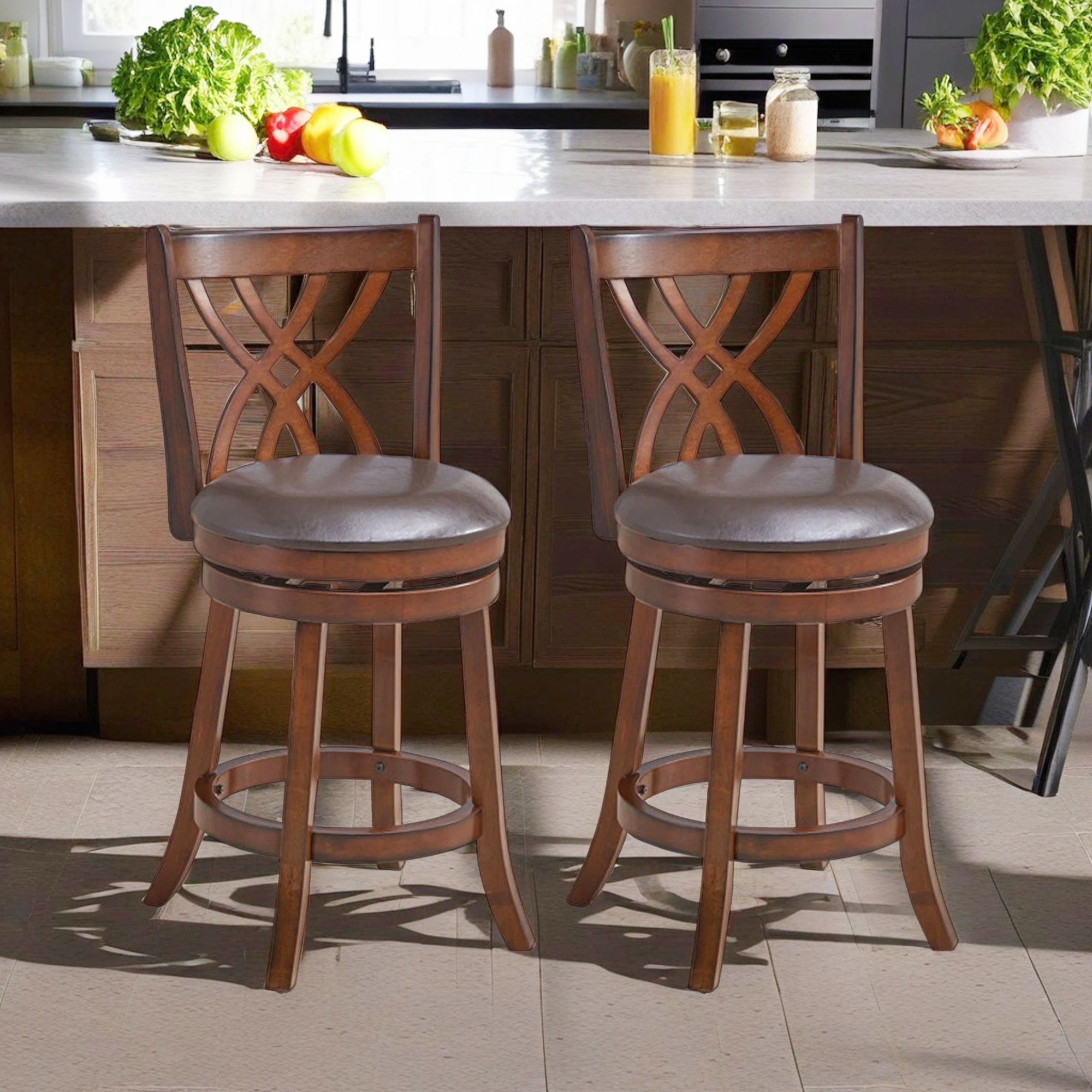 Demi Bonn 360° Swivel Counter Height Bar Stools with PU Leather Cushioned Seat and Footrests, 26" Modern Dining Chair with Backrests, Brown