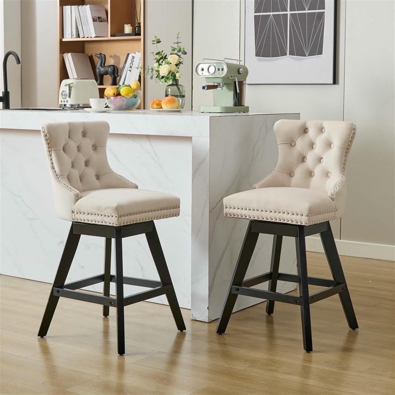 Demi Bonn 38" Counter Height Bar Stools Set of 2, Velvet Swivel Barstools with Button Tufted Back, Kitchen Island Countertop Chairs for Dining Room, Beige