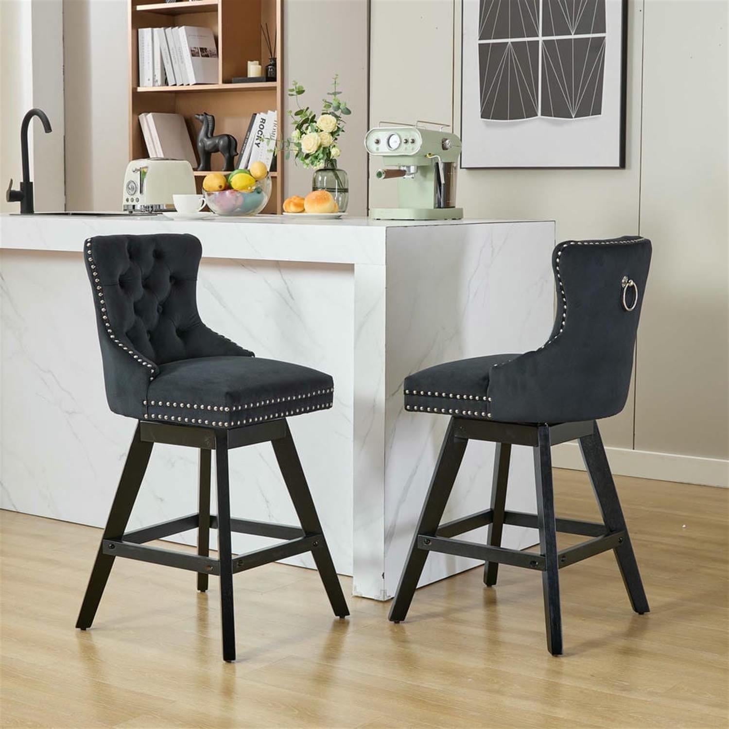 Demi Bonn 38" Counter Height Bar Stools Set of 2, Velvet Swivel Barstools with Button Tufted Back, Kitchen Island Countertop Chairs for Dining Room, Black