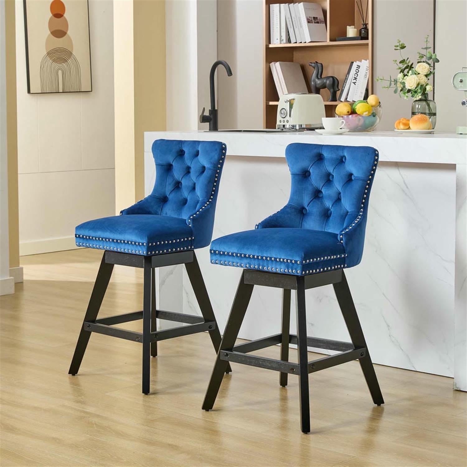 Demi Bonn 38" Counter Height Bar Stools Set of 2, Velvet Swivel Barstools with Button Tufted Back, Kitchen Island Countertop Chairs for Dining Room, Blue