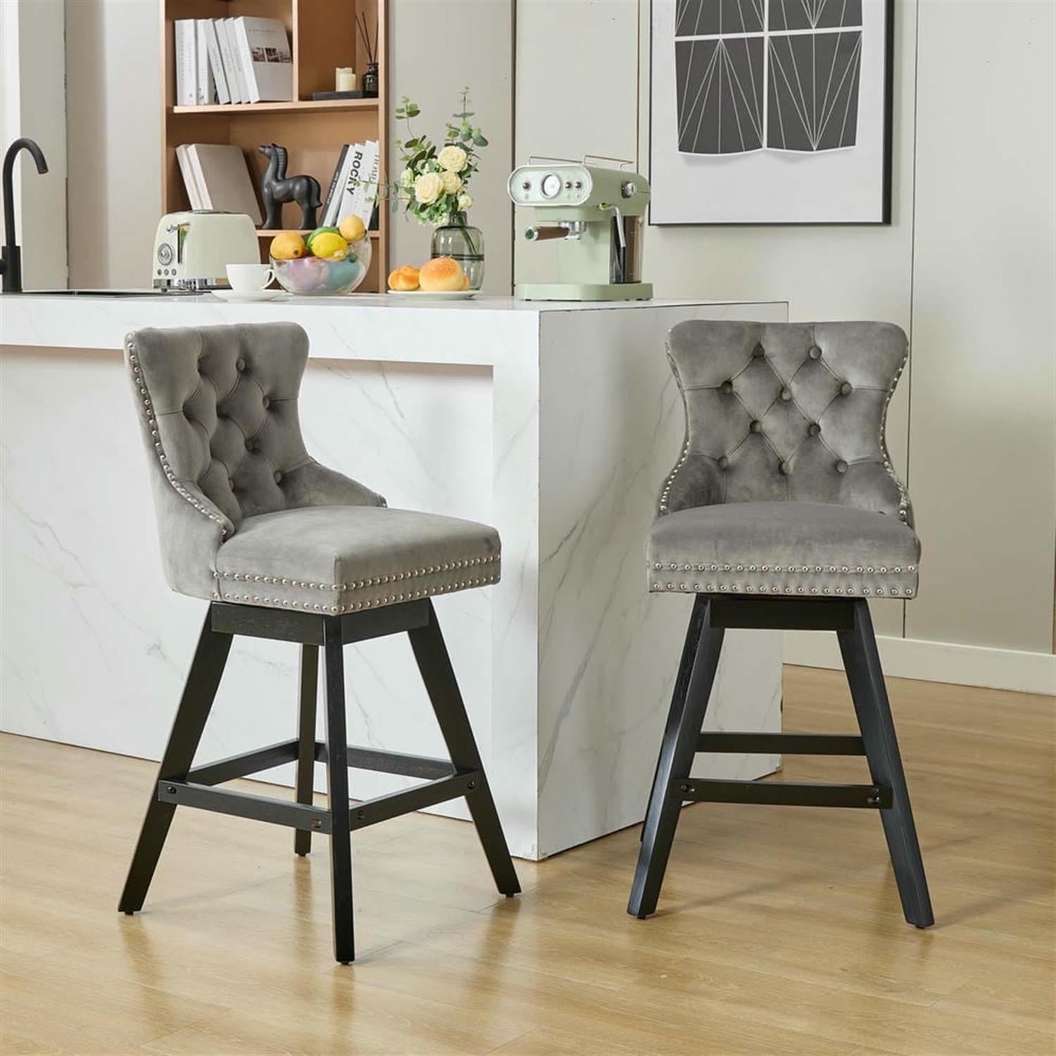 Demi Bonn 38" Counter Height Bar Stools Set of 2, Velvet Swivel Barstools with Button Tufted Back, Kitchen Island Countertop Chairs for Dining Room, Gray