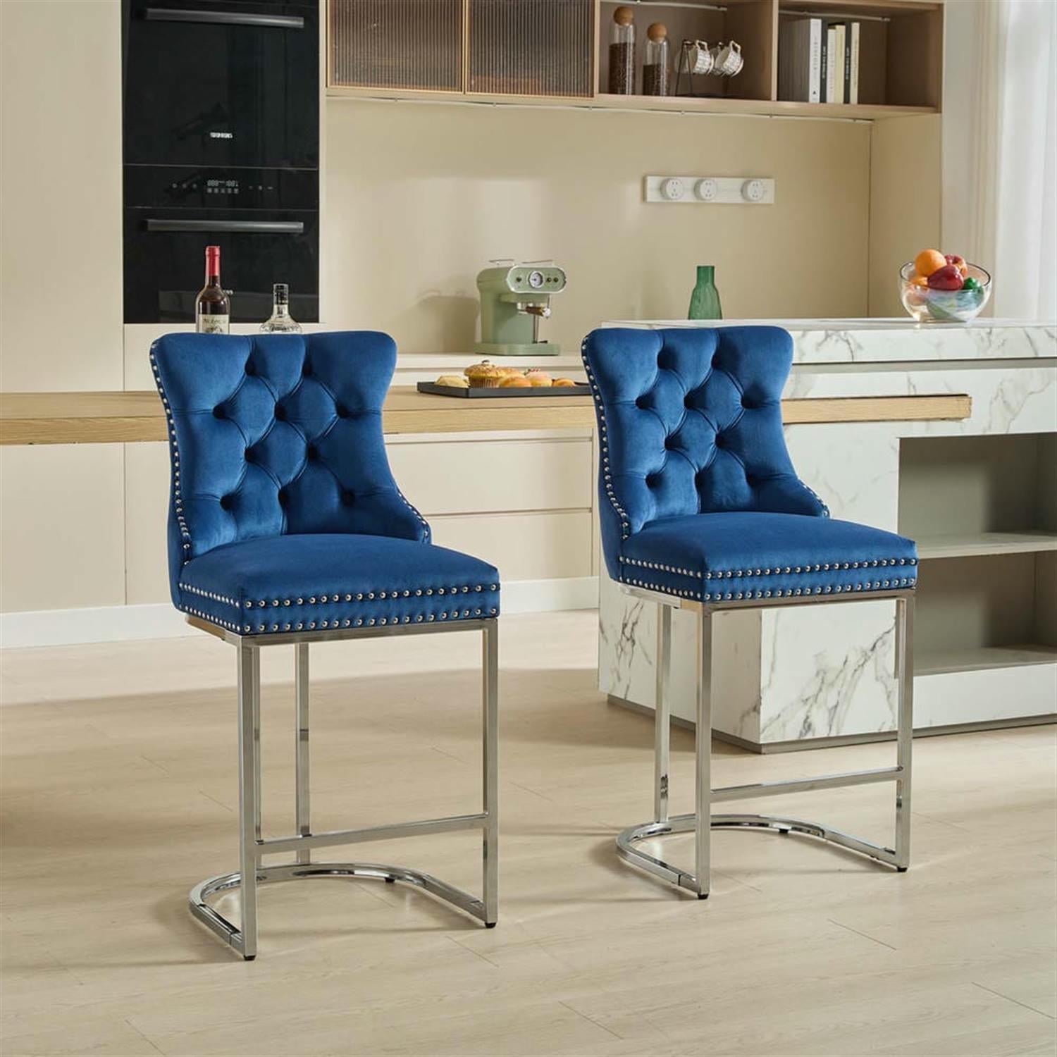 Demi Bonn 38" Counter Height Bar Stools Set of 2, Velvet Barstools with Button Back, Kitchen Island Countertop Chairs for Dining Room, Blue
