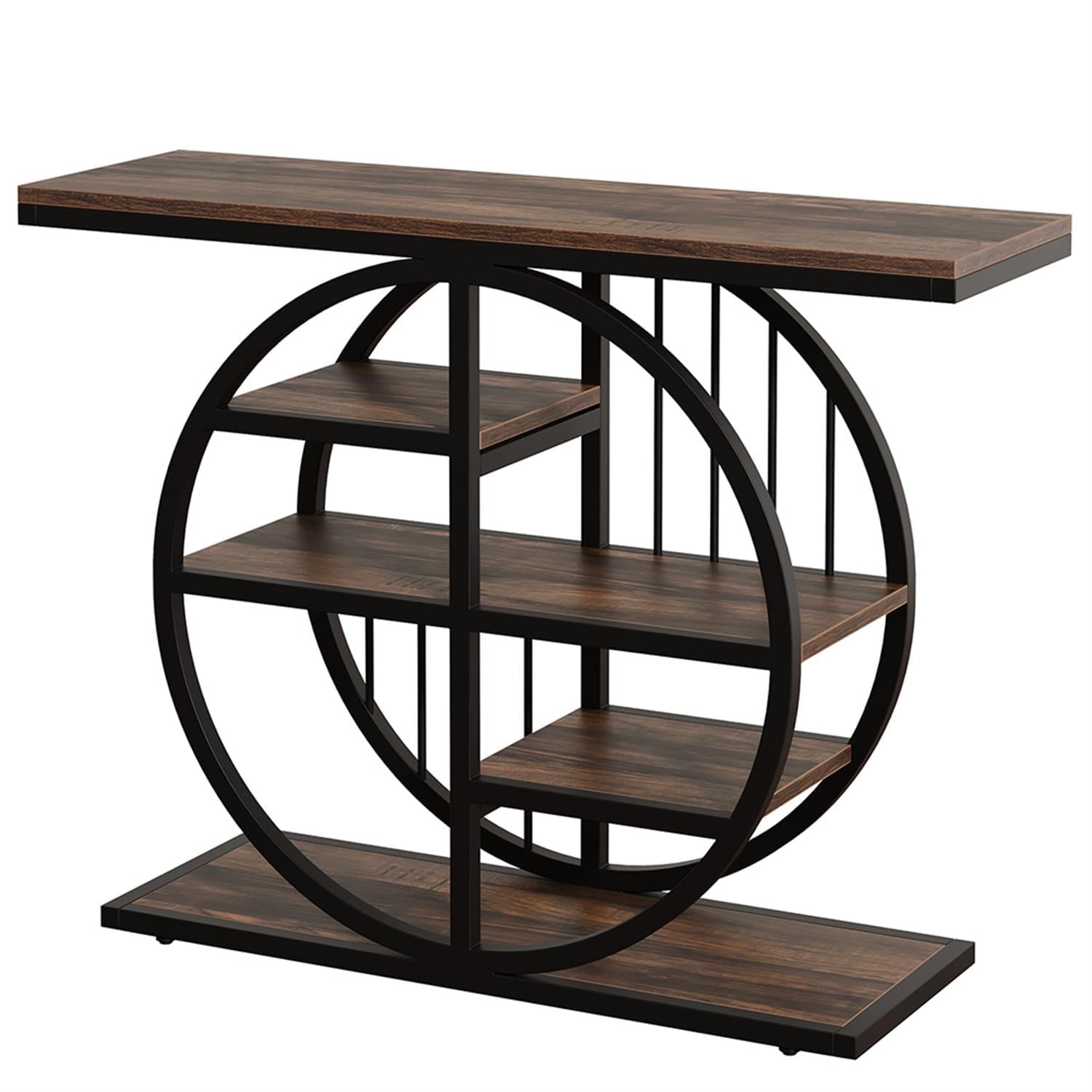 Demi Bonn 39" Console Table, 5-Tier Entryway Table Sofa Table with Circle Base for Hallway, Bedroom, Living Room, Brown