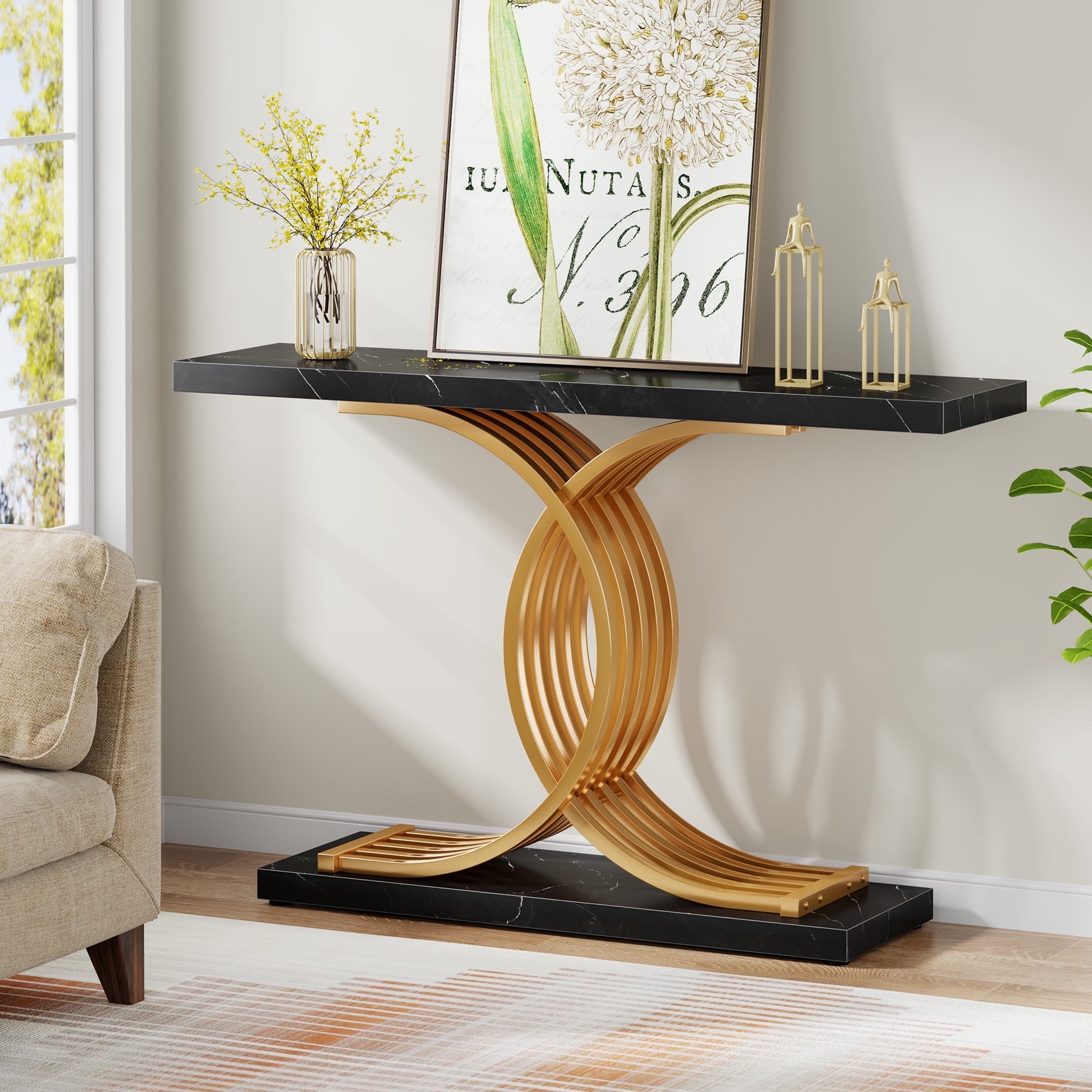 Demi Bonn 39" Console Table, Narrow Faux Marble Entryway Hallway Sofa Table for Hallway, Entrance, Living Room, Bedroom, Black