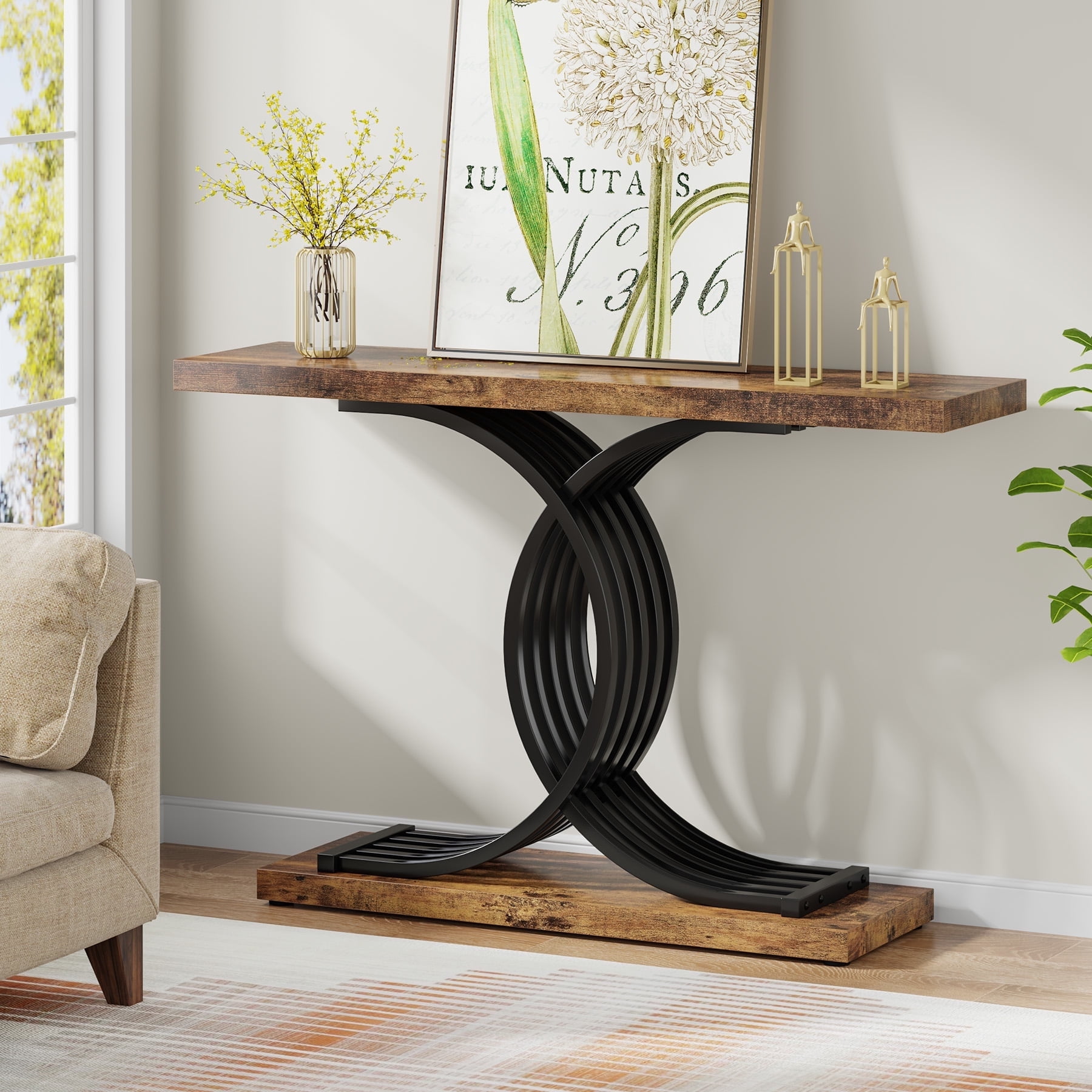 Demi Bonn 39" Console Table, Narrow Faux Marble Entryway Hallway Sofa Table for Hallway, Entrance, Living Room, Bedroom, Brown