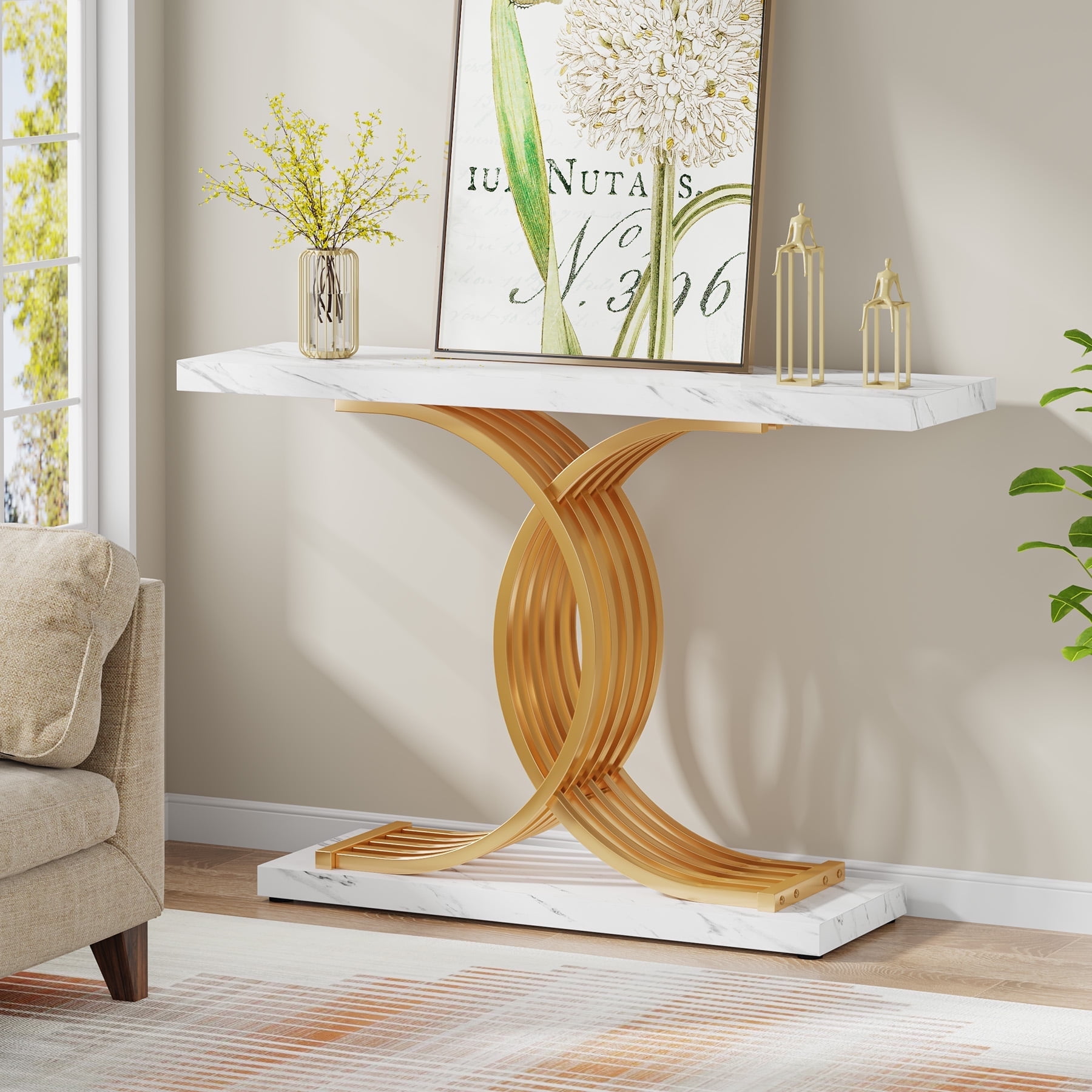 Demi Bonn 39" Console Table, Narrow Faux Marble Entryway Hallway Sofa Table for Hallway, Entrance, Living Room, Bedroom, White