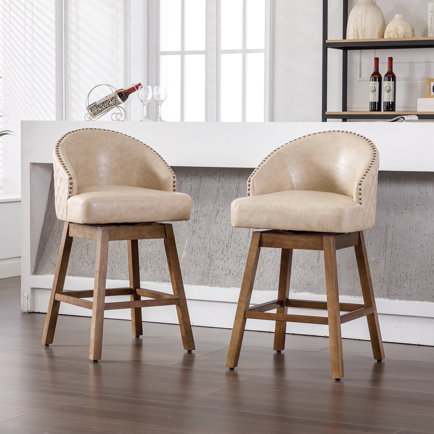 Demi Bonn 39" Counter Height Bar Stools Set of 2, PU Leather Upholstered Swivel Barstools with Backrest, Kitchen Island Countertop Chairs for Dining Room, Beige