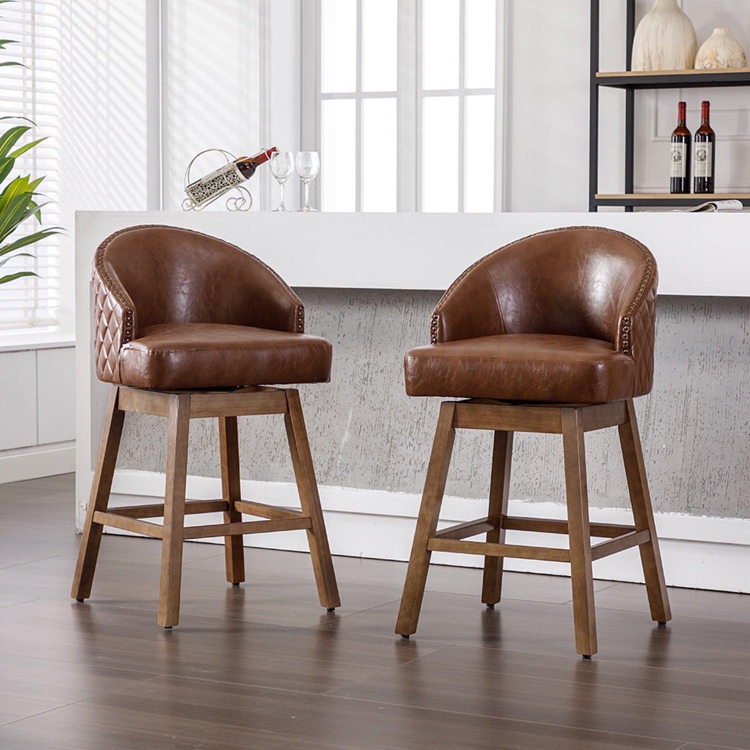 Demi Bonn 39" Counter Height Bar Stools Set of 2, PU Leather Upholstered Swivel Barstools with Backrest, Kitchen Island Countertop Chairs for Dining Room, Brown