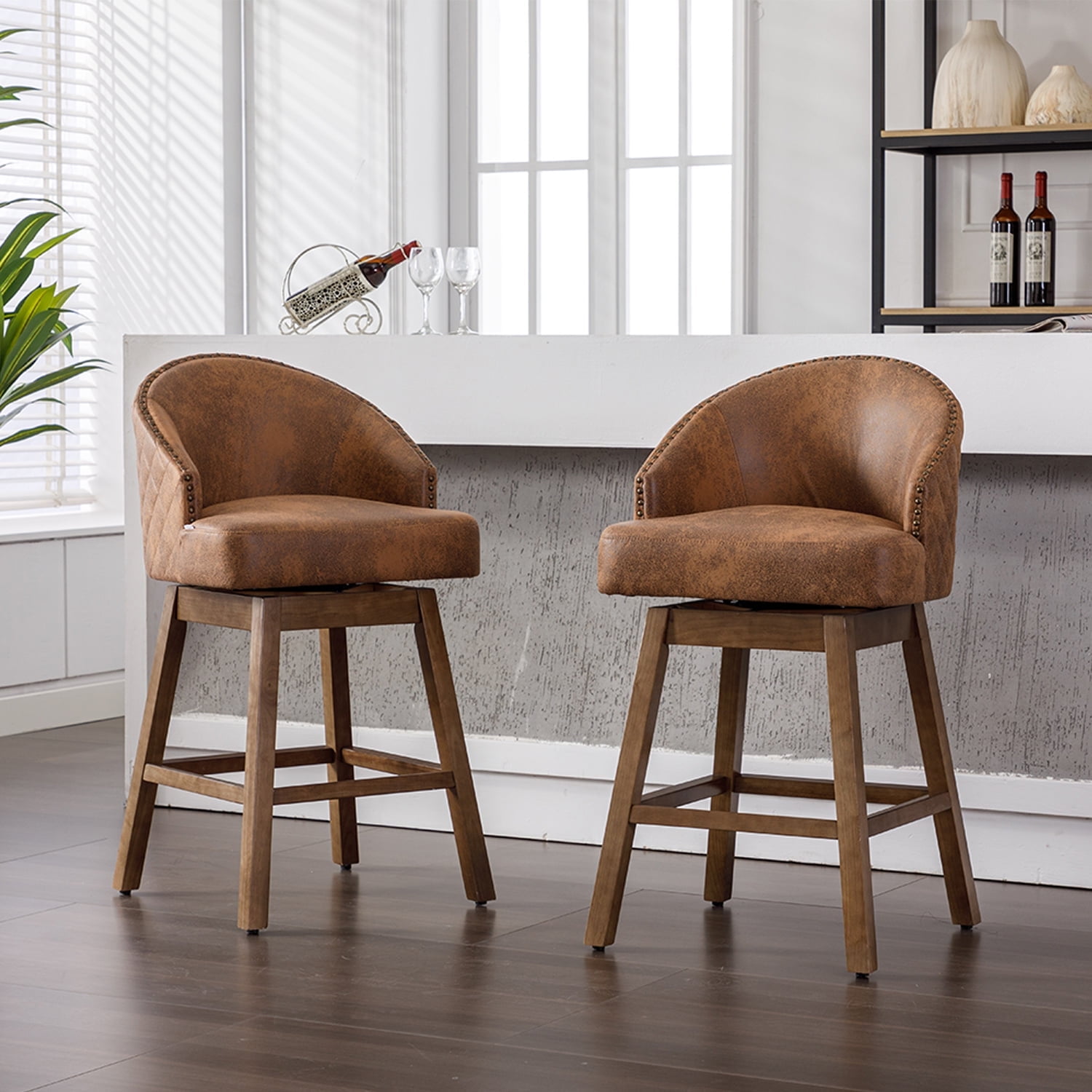 Demi Bonn 39" Counter Height Bar Stools Set of 2, Polyester Upholstered Swivel Barstools with Backrest, Kitchen Island Countertop Chairs for Dining Room, Brown