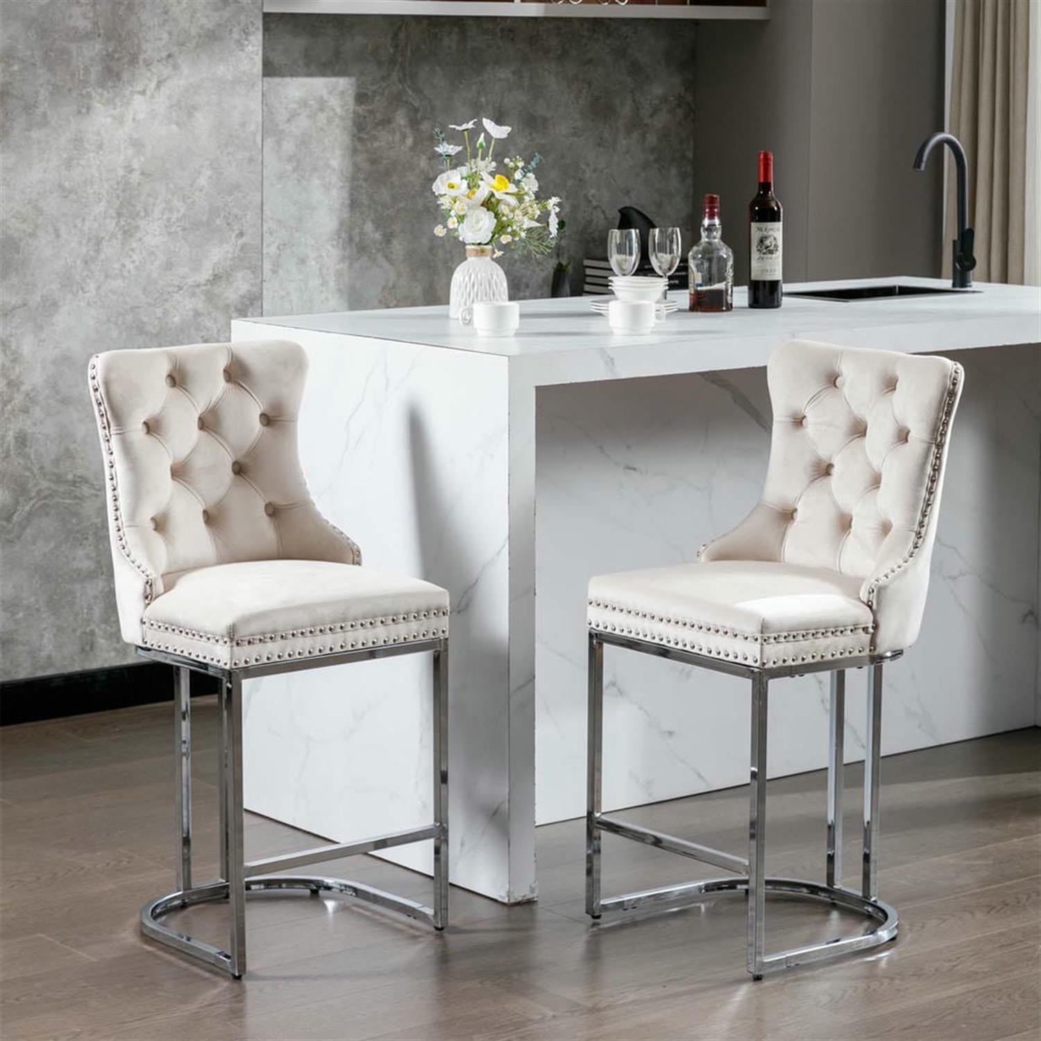 Demi Bonn 39" Counter Height Bar Stools Set of 2, Velvet Barstools with Button Backrest, Kitchen Island Countertop Chairs for Dining Room, Beige