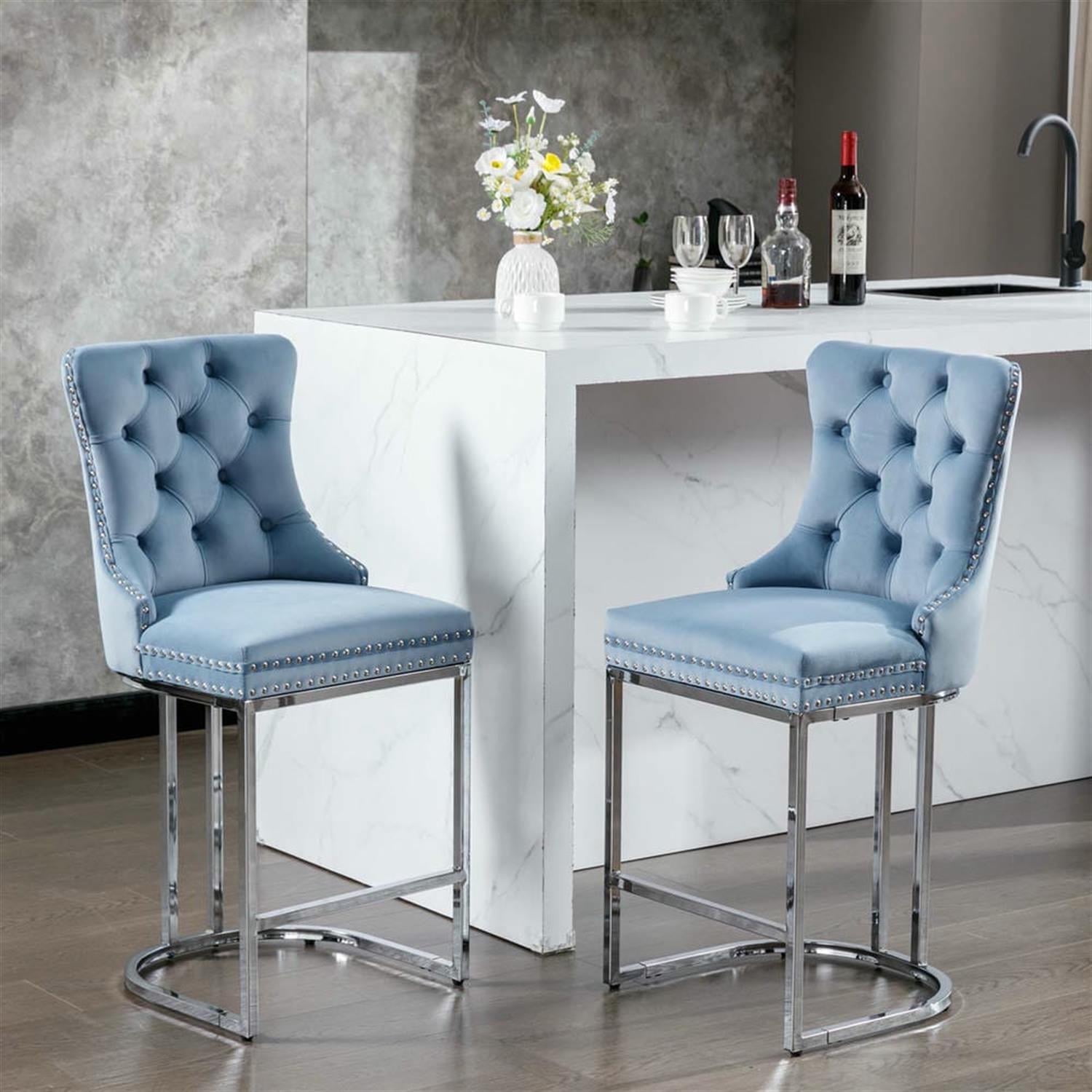 Demi Bonn 39" Counter Height Bar Stools Set of 2, Velvet Barstools with Button Backrest, Kitchen Island Countertop Chairs for Dining Room, Blue