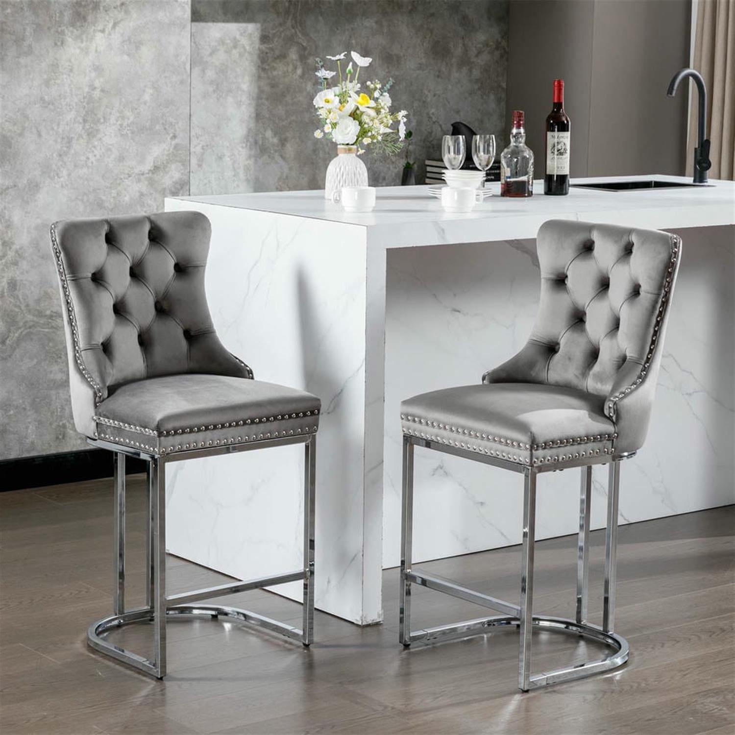 Demi Bonn 39" Counter Height Bar Stools Set of 2, Velvet Barstools with Button Backrest, Kitchen Island Countertop Chairs for Dining Room, Gray