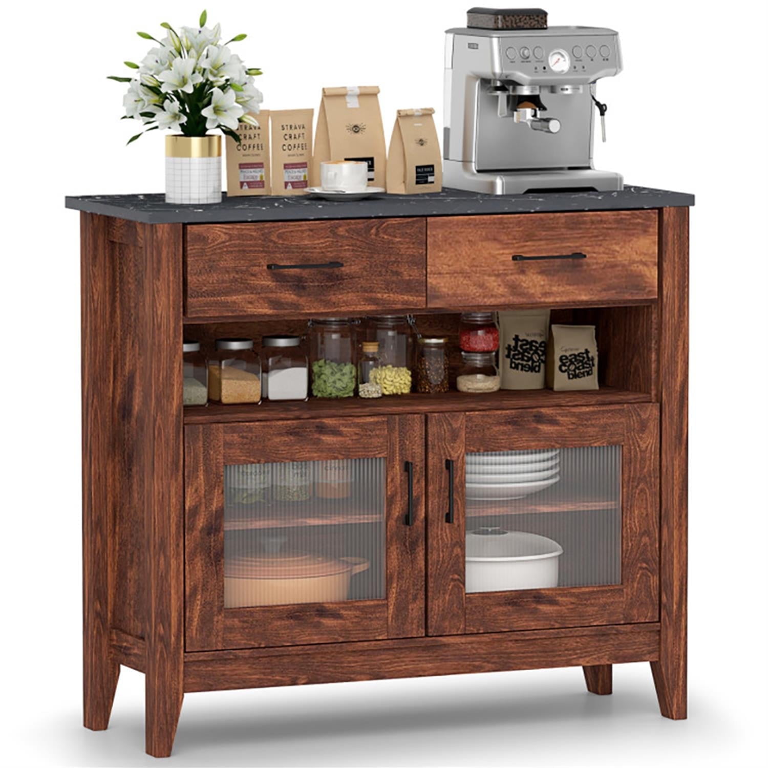 Demi Bonn 39" Sideboard Buffet Cabinet with 2 Drawers and 1 Open Compartment, Kitchen Storage Cabinet, Wood Coffee Bar Buffet Table for Dining Room, Brown