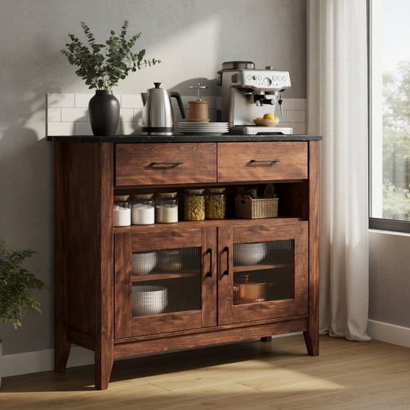 Demi Bonn 39" Sideboard Buffet Cabinet with 2 Drawers and 1 Open Compartment, Kitchen Storage Cabinet, Wood Coffee Bar Buffet Table for Dining Room, Brown