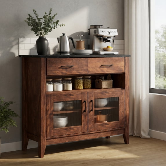 Demi Bonn 39" Sideboard Buffet Cabinet with 2 Drawers and 1 Open Compartment, Kitchen Storage Cabinet, Wood Coffee Bar Buffet Table for Dining Room, Brown