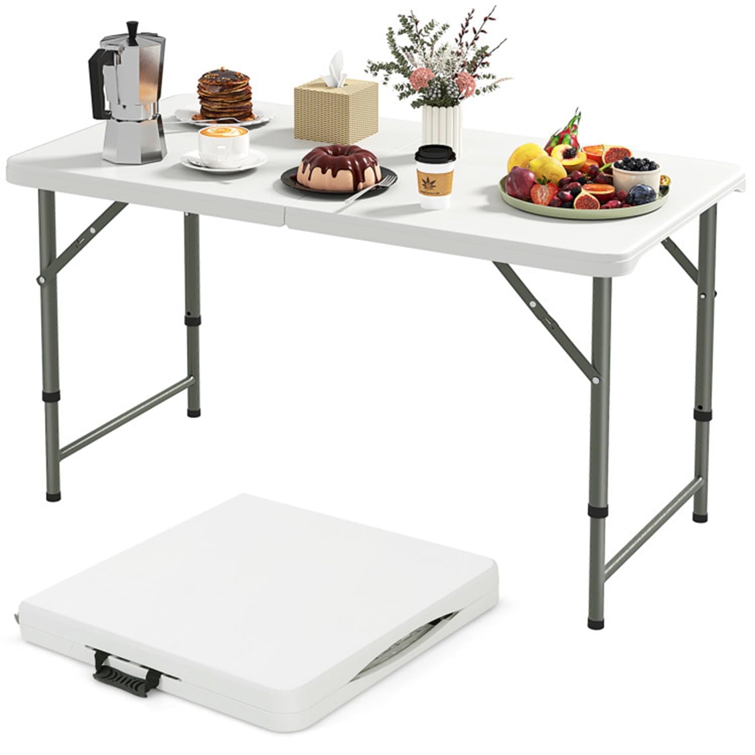 Demi Bonn 4 Feet Portable Camping Table with HDPE Tabletop and Metal Legs fordoor Outdoor, Fold-in-Half Plastic Dining Picnic Party Table, White
