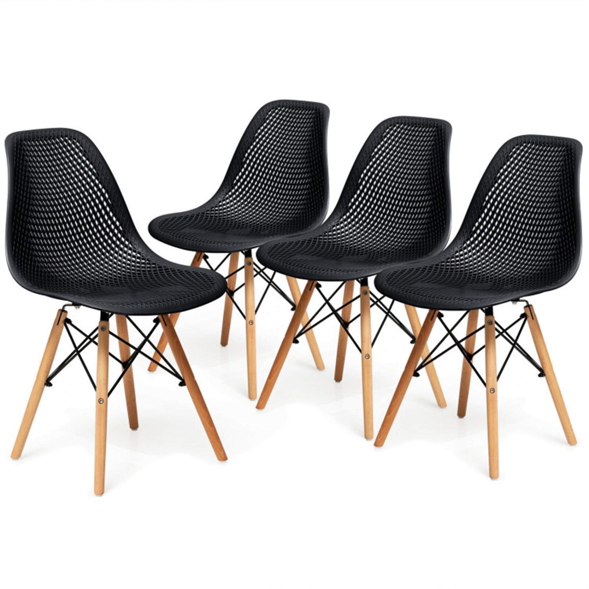 Finihen 4 Pcs Modern Plastic Hollow Dining Chairs Set with Wood Leg, Black Finihen 4 Pcs Modern Plastic Hollow Dining Chairs Set with Wood Leg, Black