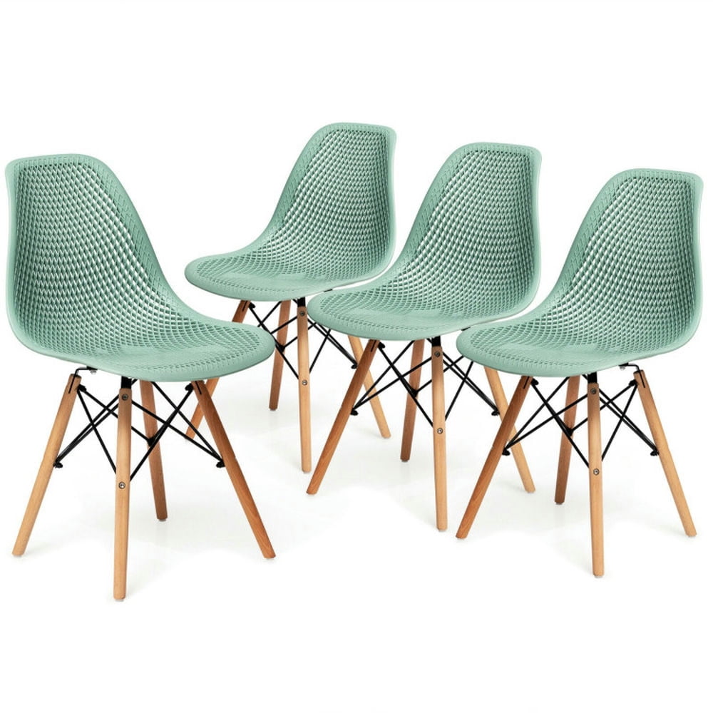 Finihen 4 Pcs Modern Plastic Hollow Dining Chairs Set with Wood Leg, Green