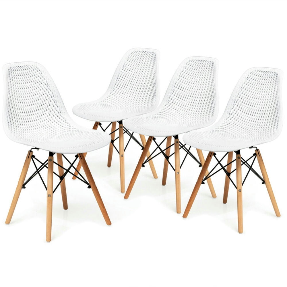 Finihen 4 Pcs Modern Plastic Hollow Dining Chairs Set with Wood Leg, White Finihen 4 Pcs Modern Plastic Hollow Dining Chairs Set with Wood Leg, White