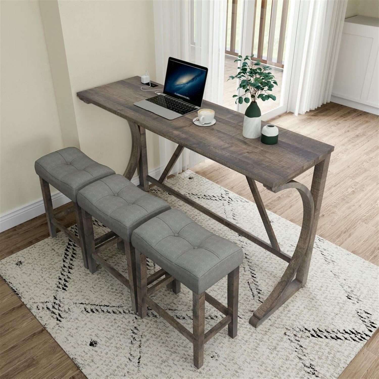 Demi Bonn 4-Piece Dining Table Set with 3 Upholstered Bar Stool and Power Outlets, Industrial Kitchen Bar Table Furniture Sets for Living Room, Apartment, Brown