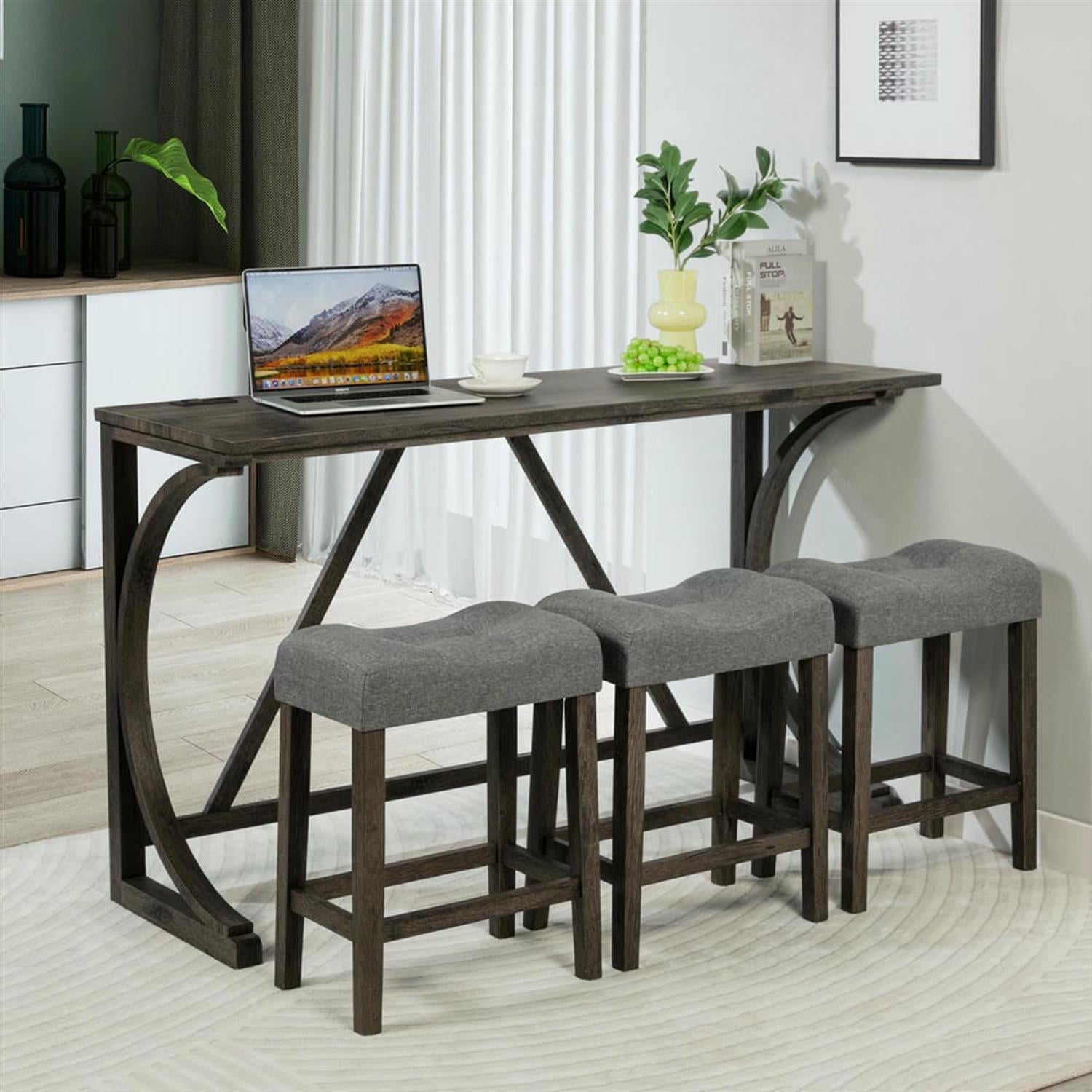 Demi Bonn 4-Piece Dining Table Set with 3 Upholstered Bar Stool and Power Outlets,dustrial Kitchen Bar Table Furniture Sets for Living Room, Apartment, Dark Gray