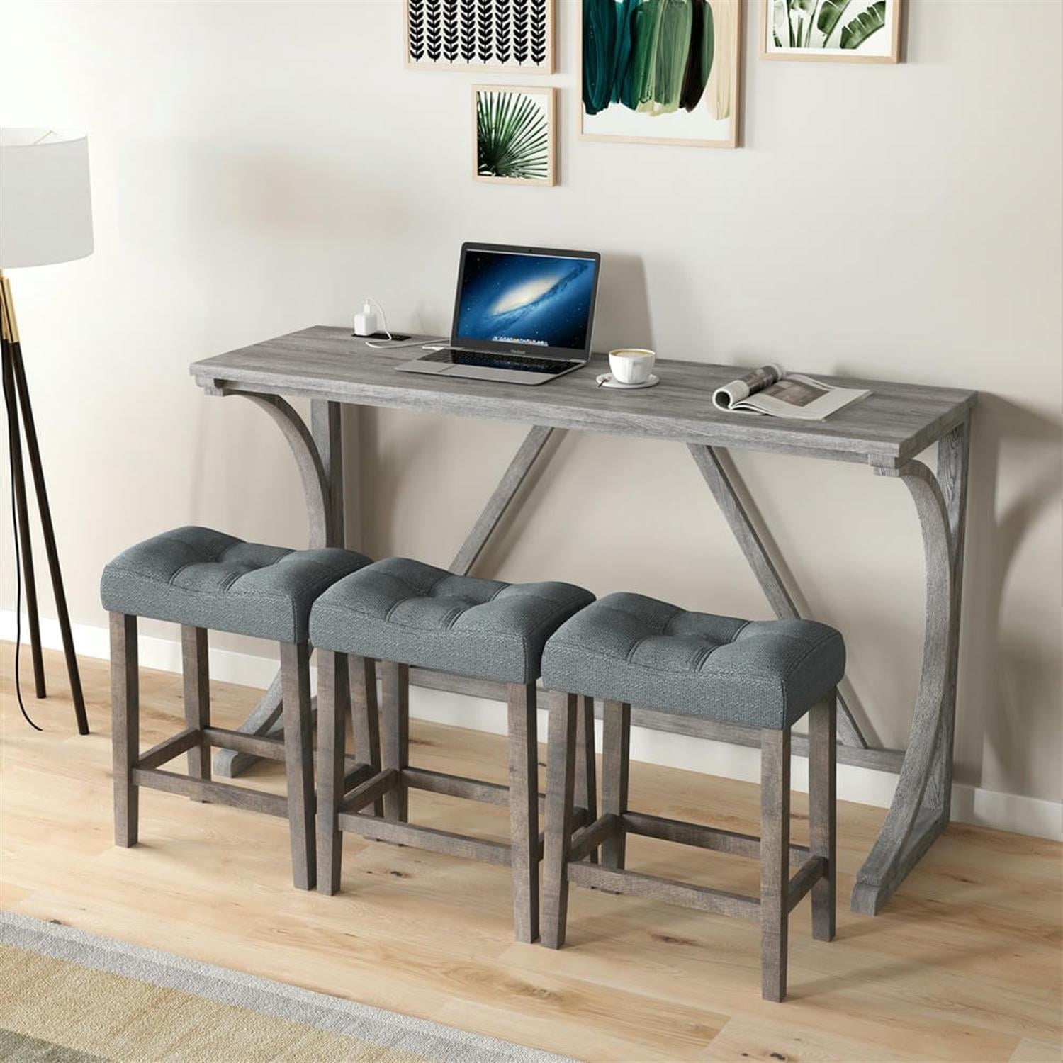 Demi Bonn 4-Piece Dining Table Set with 3 Upholstered Bar Stool and Power Outlets,dustrial Kitchen Bar Table Furniture Sets for Living Room, Apartment, Gray