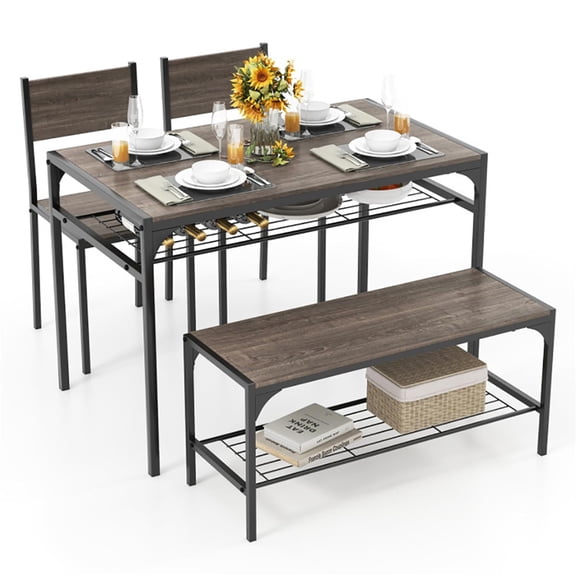 Demi Bonn 4-Piece Dining Table Set with Bench and 2 Chairs, 43"dustrial Kitchen Table with Metal Frame and Storage Rack, Perfect for Small Space, Gray
