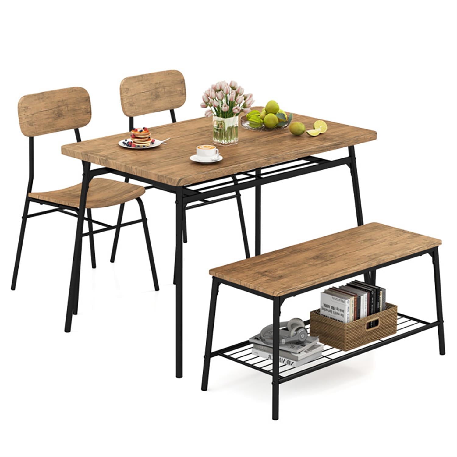 Demi Bonn 4-Piece Dining Table Set with Bench and 2 Chairs, 43" Kitchen Table with Metal Frame and Storage Rack, Perfect for Small Space, Brown