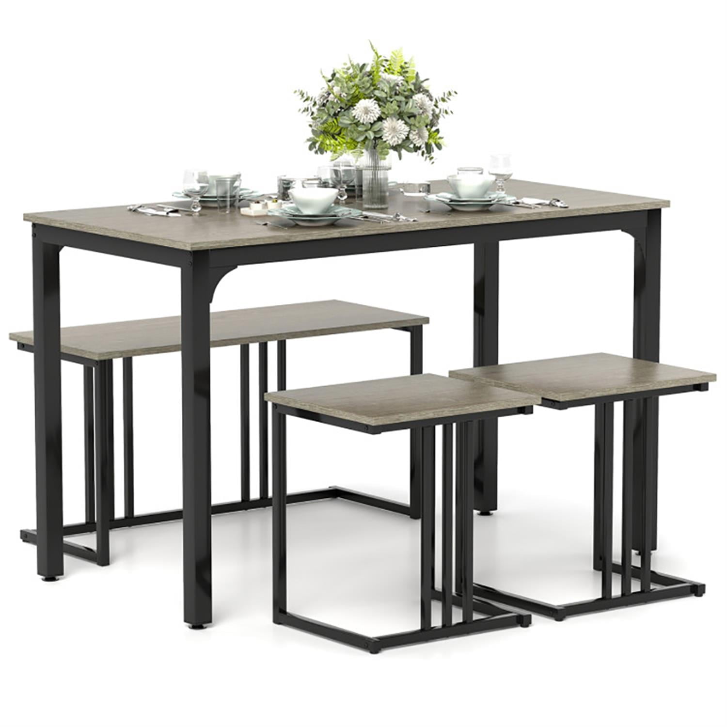 Demi Bonn 4-Piece Dining Table Set with Bench and 2 Stools, 47"dustrial Kitchen Table with Metal Frame, Perfect for Small Space, Gray
