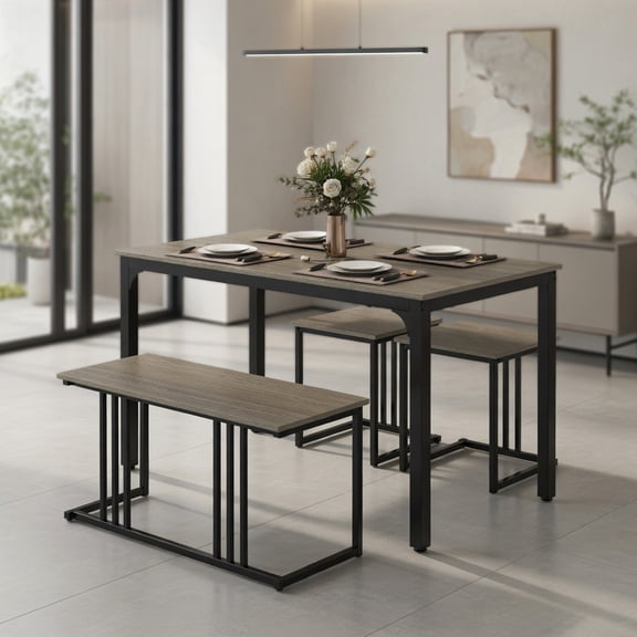 Demi Bonn 4-Piece Dining Table Set with Bench and 2 Stools, 47"dustrial Kitchen Table with Metal Frame, Perfect for Small Space, Gray