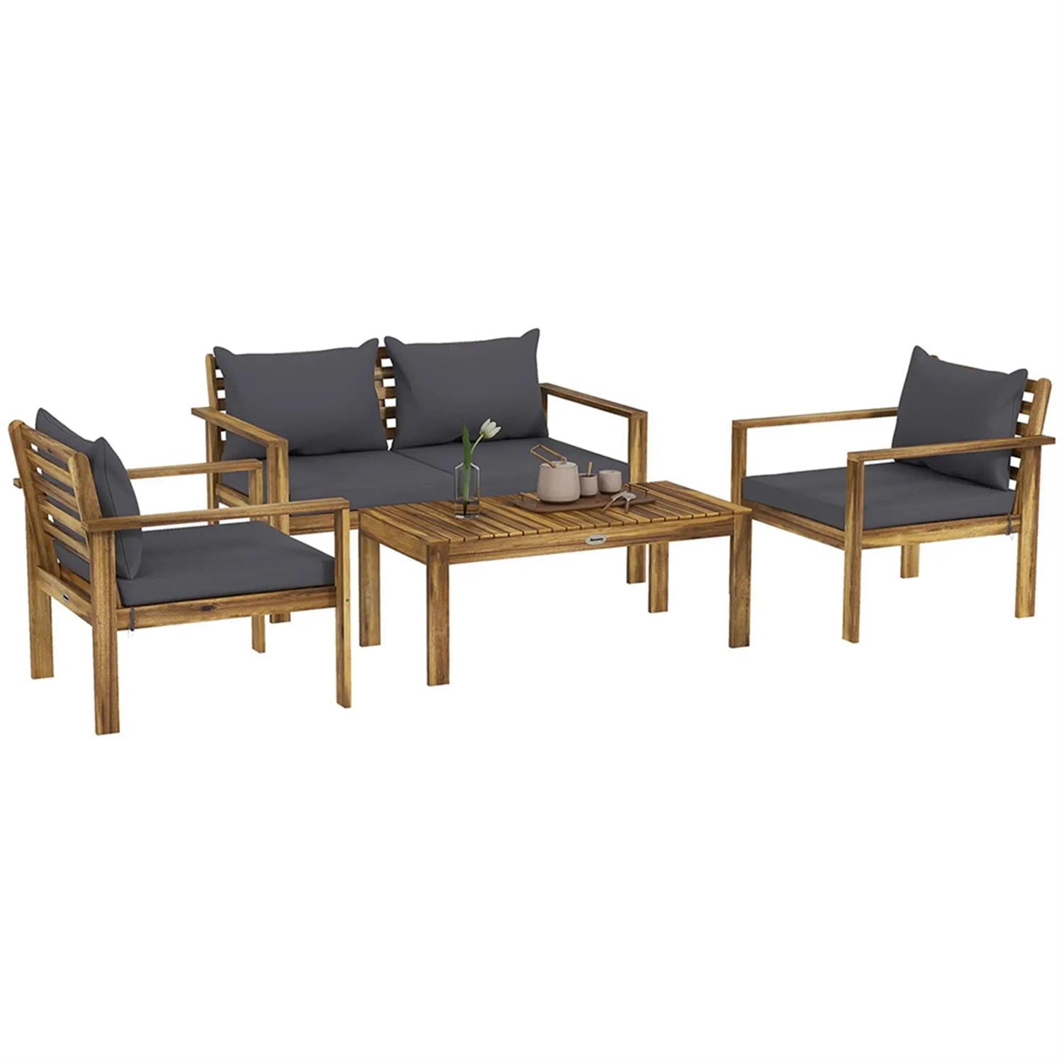 Demi Bonn 4-Piece Outdoor Conversation Sofa, Patio Furniture Set with 2 Acacia Wood Chairs Cushions & Coffee Table for Backyard, Balcony, Porch, Brown