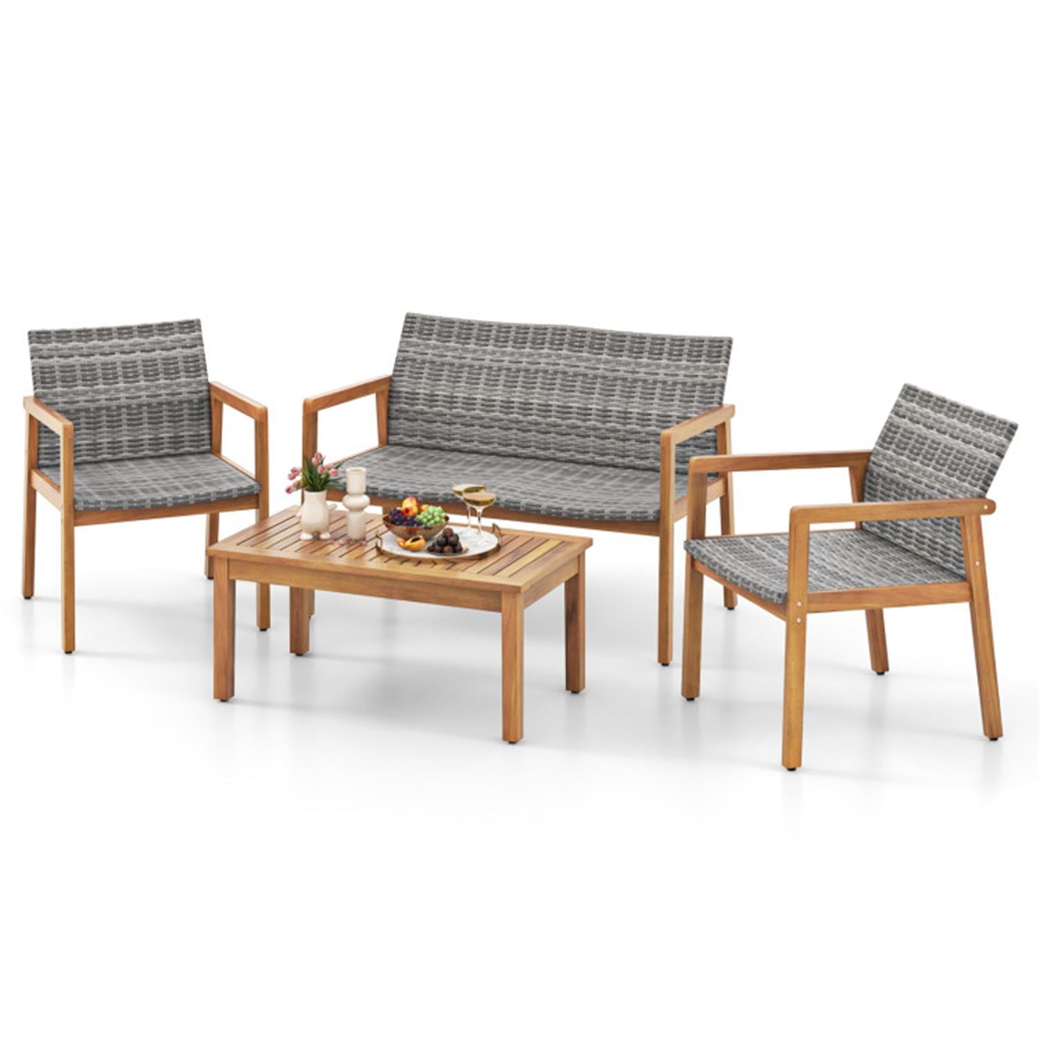 Demi Bonn 4-Piece Patio Furniture Set with Loveseat Single Chairs and Coffee Table, Conversation Armchairs for Garden Poolside Balcony, Gray