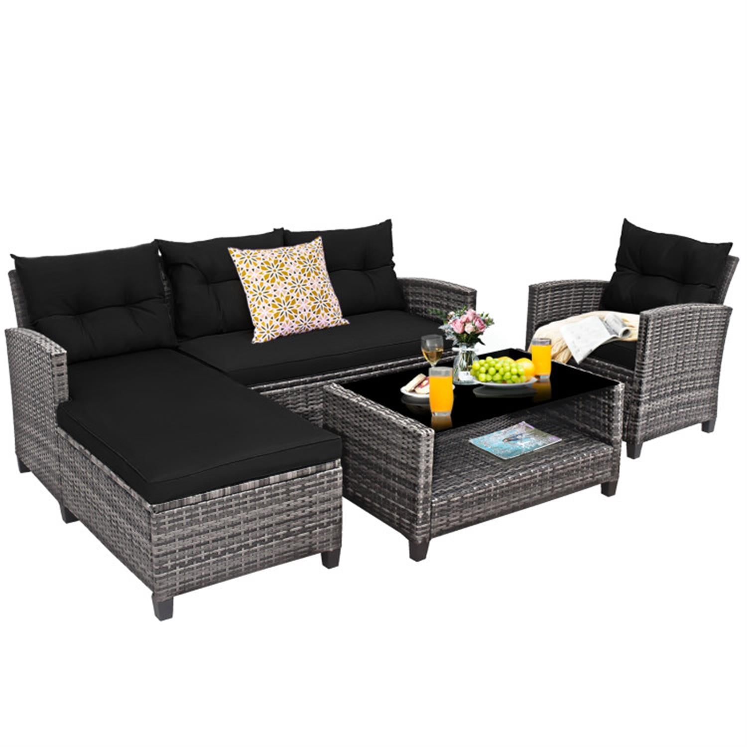 Demi Bonn 4 Pieces Patio Furniture Set Rattan Sofa with Cushion and 2-Tier Coffee Table for Yard, Pool or Backyard, Black