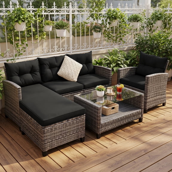 Demi Bonn 4 Pieces Patio Furniture Set Rattan Sofa with Cushion and 2-Tier Coffee Table for Yard, Pool or Backyard, Black