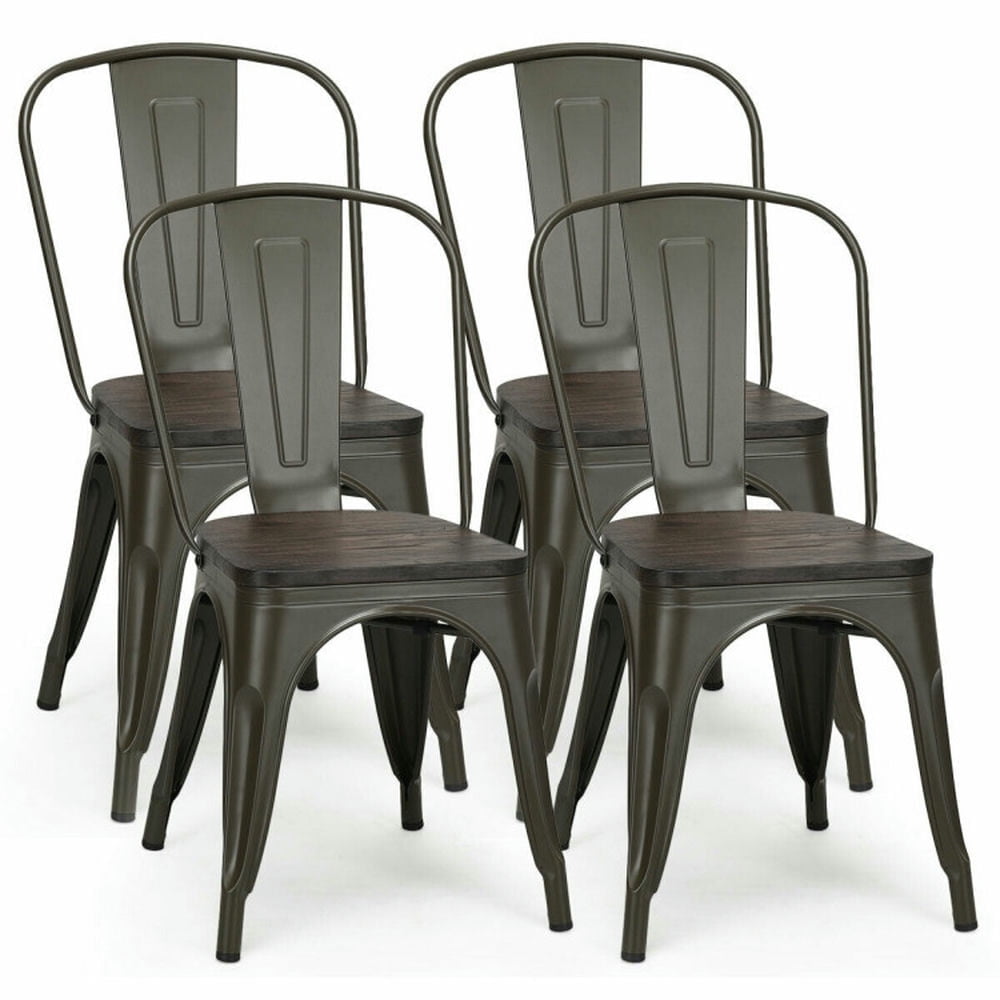 Demi Bonn 4 Pieces Tolix Style Metal Dining Side Chair Stackable Wood Seat, Black
