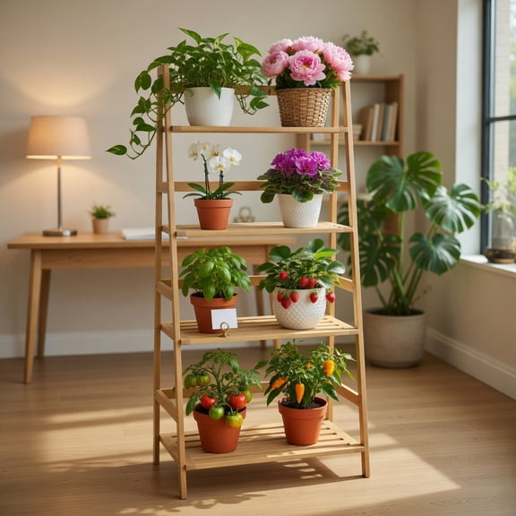 Demi Bonn 4-Tier Bamboo Bookshelf Ladder Shelf Plant Stand Rack, Beige