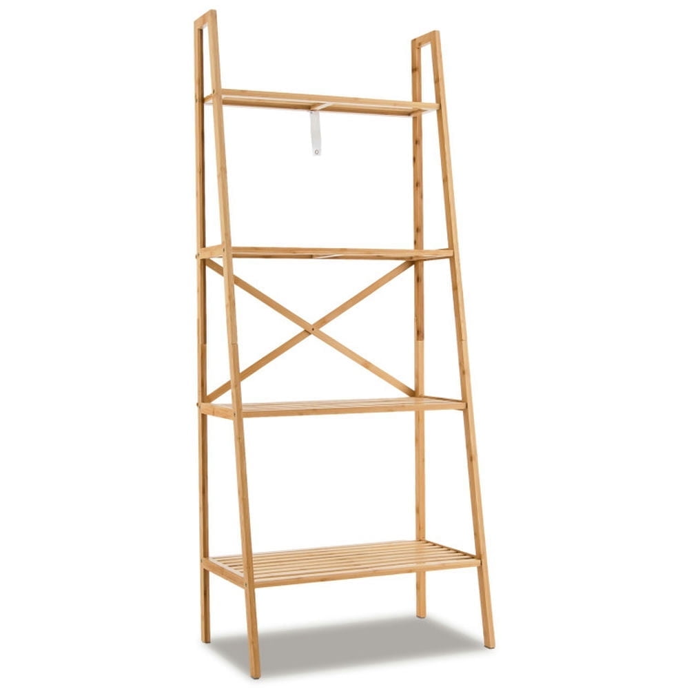 Demi Bonn 4-Tier Bamboo Ladder Bookshelf, 58" Bamboo Bookcase Storage Stand Rack, Beige