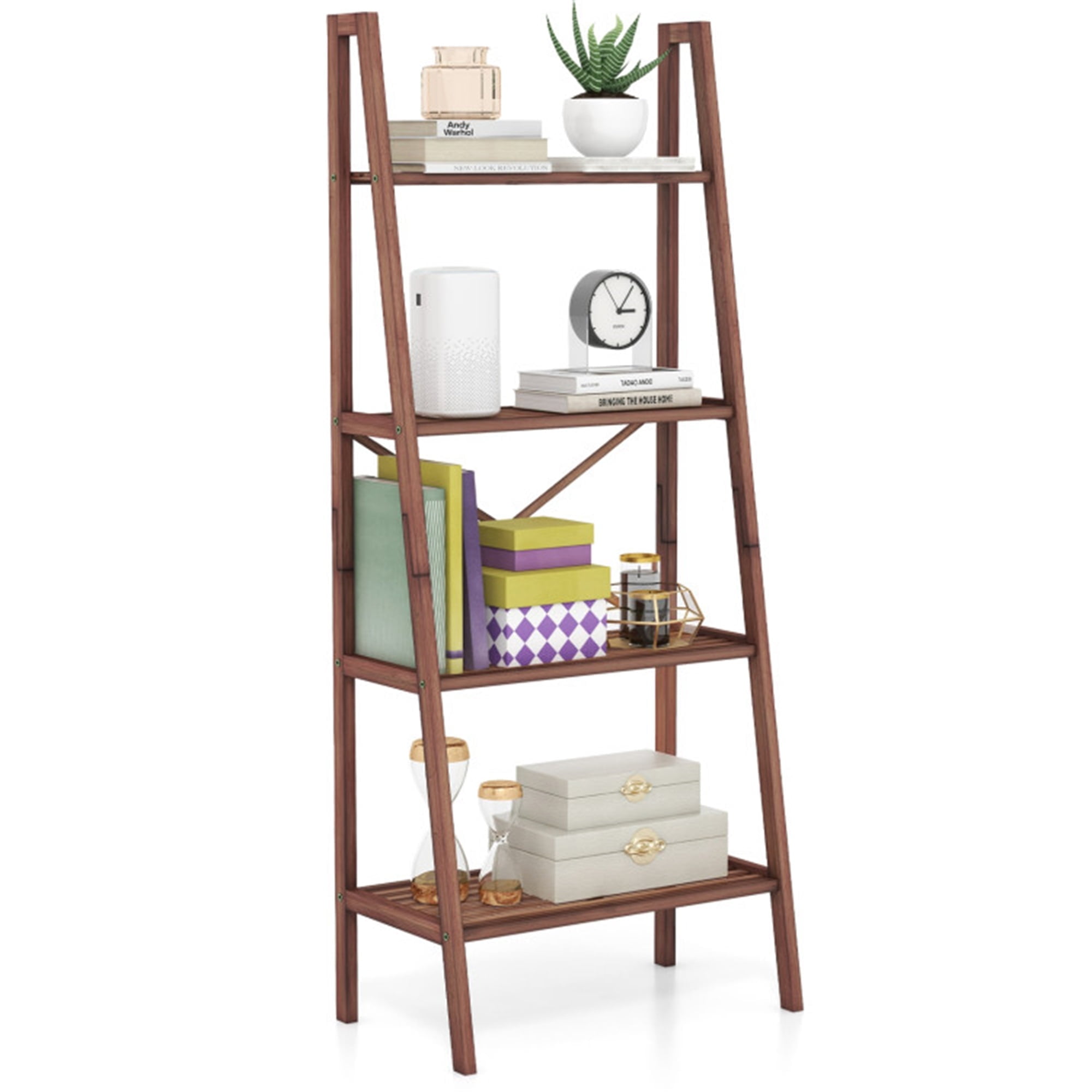 Demi Bonn 4-Tier Bamboo Ladder Bookshelf, 58" Bamboo Bookcase Storage Stand Rack, Brown