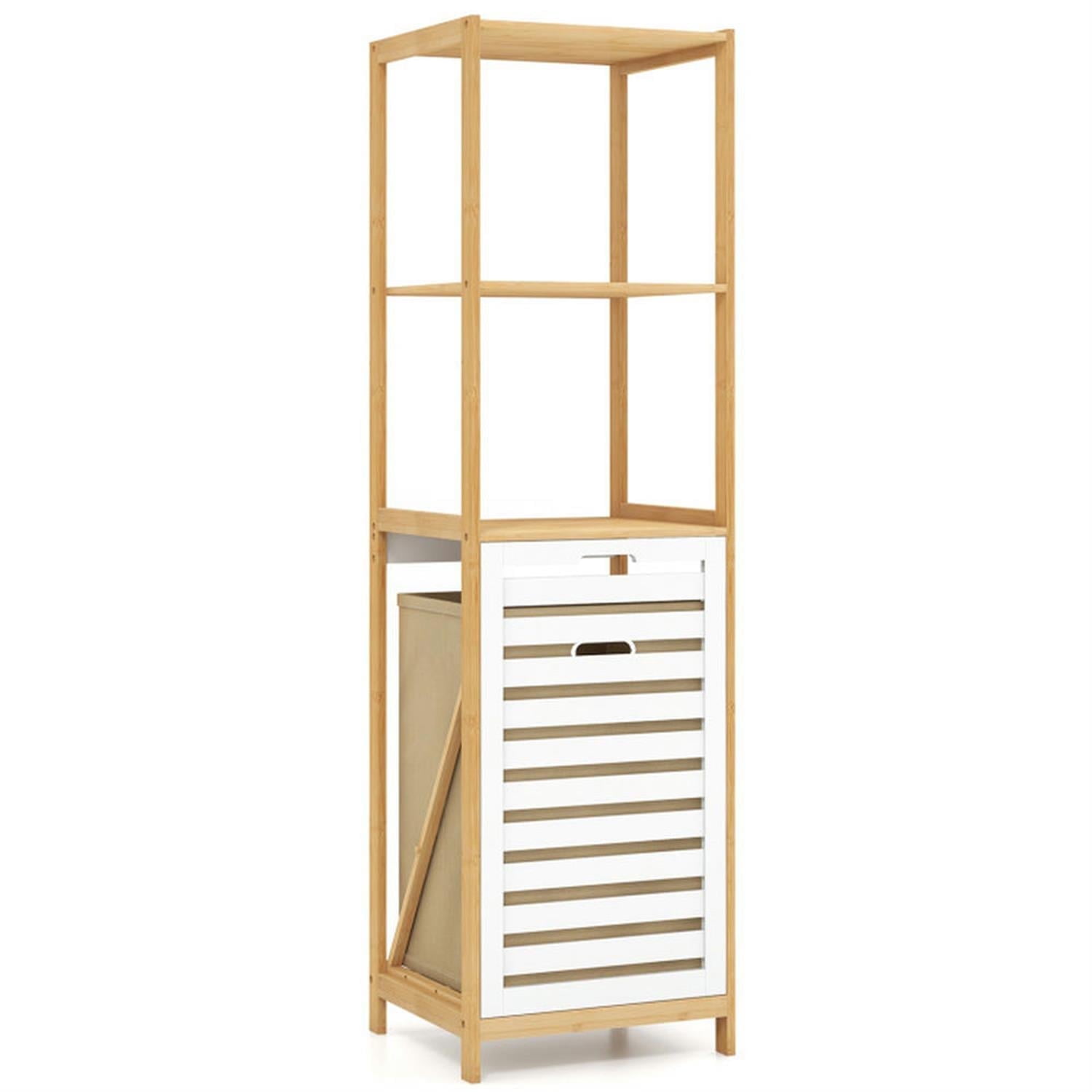 Demi Bonn 4-Tier Bamboo Storage Shelves, Bathroom Storage Shelf with Laundry Hamper, Freestanding Bathroom Cabinet for Living Room/Hallway, Beige