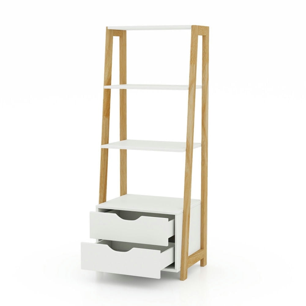 Demi Bonn 4-Tier Ladder Bookshelf Storage Display, Freestanding Bookcase with 2 Drawers, White