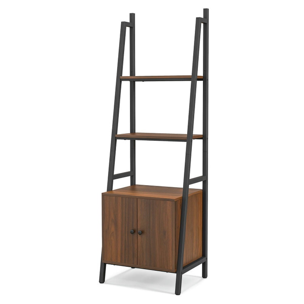 Finihen 4-Tier Ladder Bookshelf with Cabinet and Metal Frame, Free Standing Bookcase, Brown Finihen 4-Tier Ladder Bookshelf with Cabinet and Metal Frame, Free Standing Bookcase, Brown
