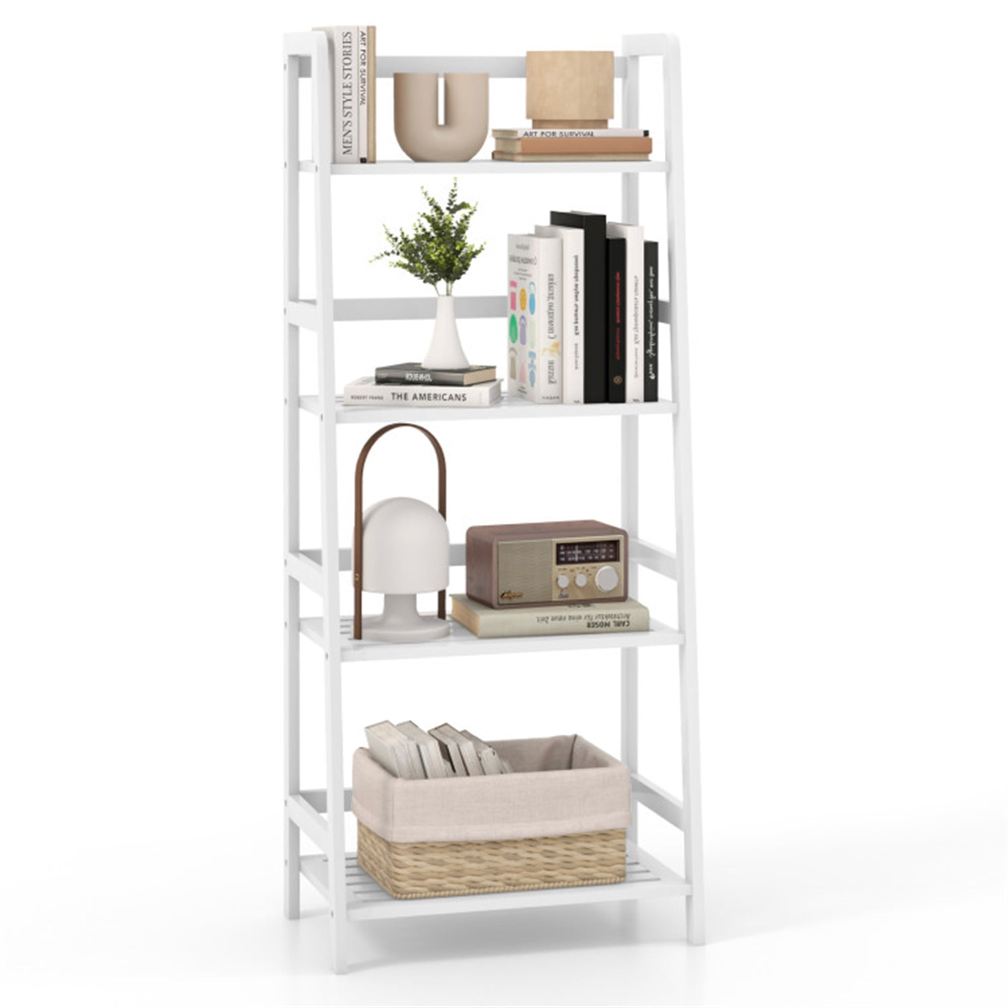 Finihen 4-Tier Multifunctional Bookshelf, 47.5" Bamboo Bookcase Storage Stand Rack, White Finihen 4-Tier Multifunctional Bookshelf, 47.5" Bamboo Bookcase Storage Stand Rack, White