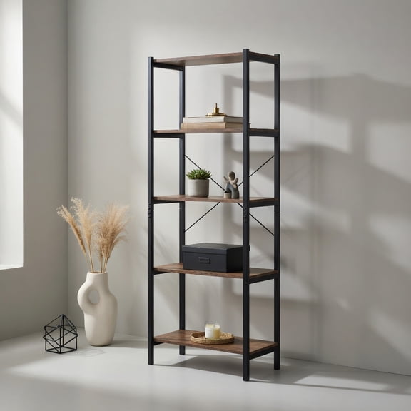 Demi Bonn 4-Tier Multipurpose Open Bookshelf, Industrial Rack Wide Standing Storage Shelf Bookcase, Brown