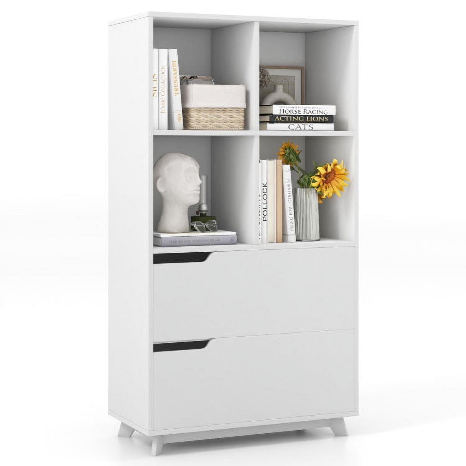 Finihen 4-Tier Wood Open Bookcase with 2 Drawers and 4 Storage Cubes, White Finihen 4-Tier Wood Open Bookcase with 2 Drawers and 4 Storage Cubes, White