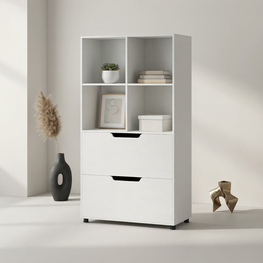 Demi Bonn 4-Tier Wood Open Bookcase with 2 Drawers and 4 Storage Cubes, White
