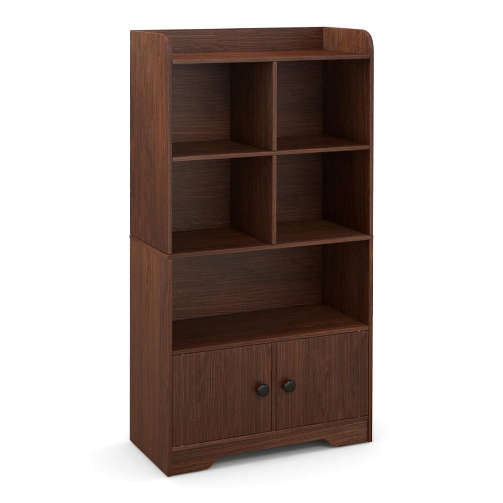 Finihen 4 Tiers Wood Storage Bookcase with 4 Cubes Display Shelf and 2 Doors, Brown Finihen 4 Tiers Wood Storage Bookcase with 4 Cubes Display Shelf and 2 Doors, Brown