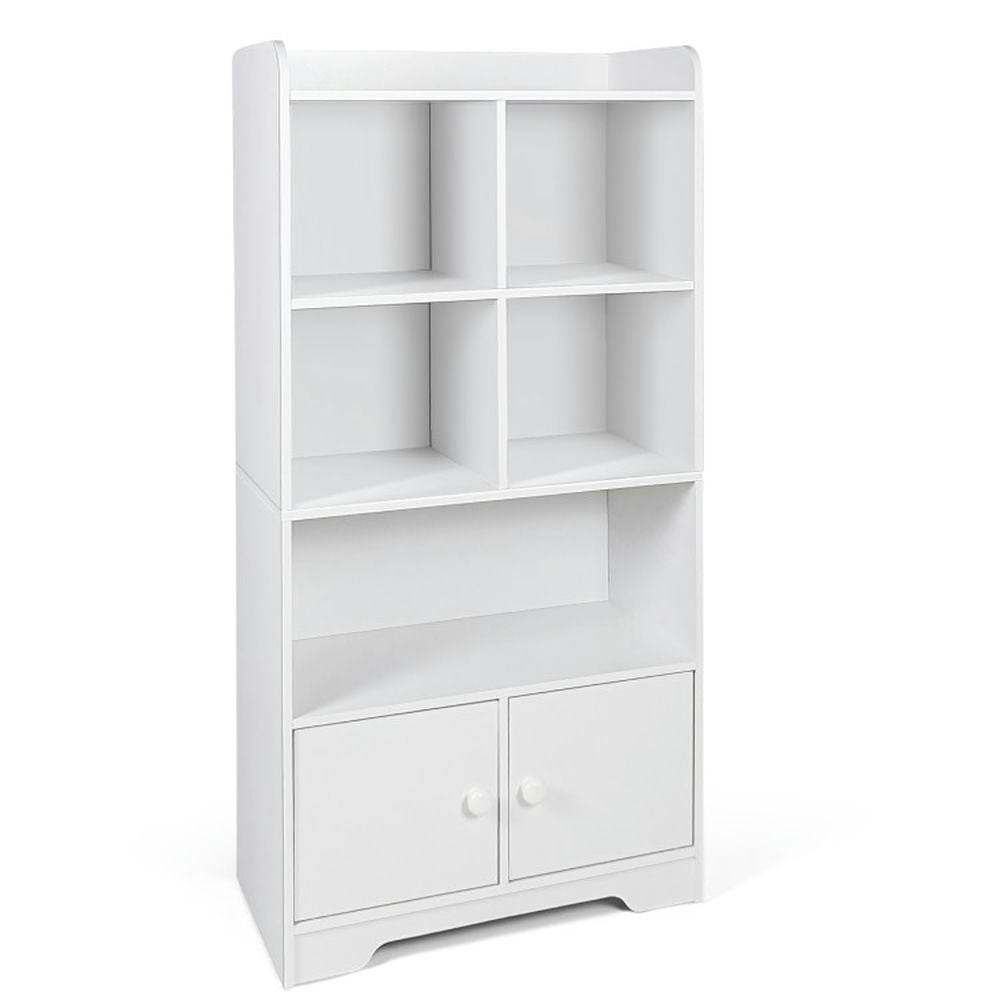 Finihen 4 Tiers Wood Storage Bookcase with 4 Cubes Display Shelf and 2 Doors, White Finihen 4 Tiers Wood Storage Bookcase with 4 Cubes Display Shelf and 2 Doors, White